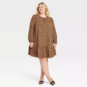 Women's Long Sleeve Tiered Shift Dress Leopard Print 1X